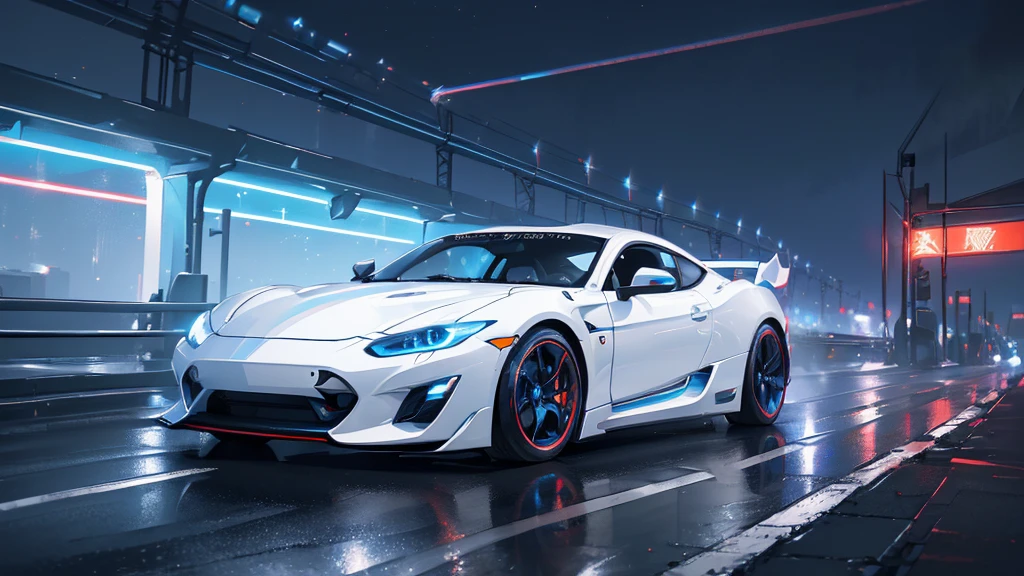 (white sports car, blue headlights, high speed), (highway, colorful neon), (8k, extremaly detailed, lighting like a movie, lense flares)