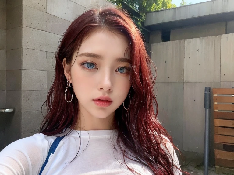 4 miniature Beautiful handsome woman, ((top quality, 8k, masterpiece:1.retty woman, 1woman, huge breasts:1.3, slender figure:1.1, elastic red long hair, (shower, wet body, wet clothes:1.1), very detailed face, detailed lips, detailed eyes, double eyelids, detailed blue eyes, extremely detailed outstanding blue eyes, red wet hair, red wet hair, detailed outstanding BLUE EYES, innocent stare at the viewer, extremely wet wavy red hair, detailed outstanding BLUE EYES, raining outside, huge earrings