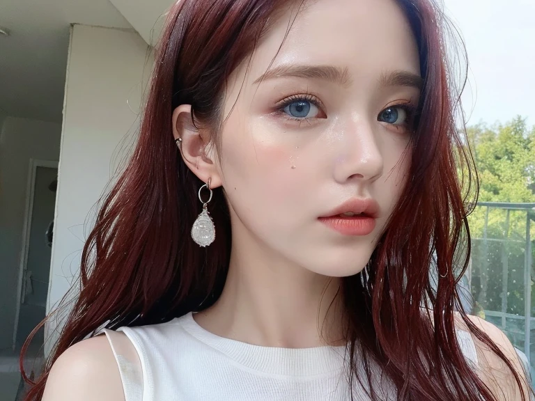 4 miniature Beautiful handsome woman, ((top quality, 8k, masterpiece:1.retty woman, 1woman, huge breasts:1.3, slender figure:1.1, elastic red long hair, (shower, wet body, wet clothes:1.1), very detailed face, detailed lips, detailed eyes, double eyelids, detailed blue eyes, extremely detailed outstanding blue eyes, red wet hair, red wet hair, detailed outstanding BLUE EYES, innocent stare at the viewer, extremely wet wavy red hair, detailed outstanding BLUE EYES, raining outside, huge earrings
