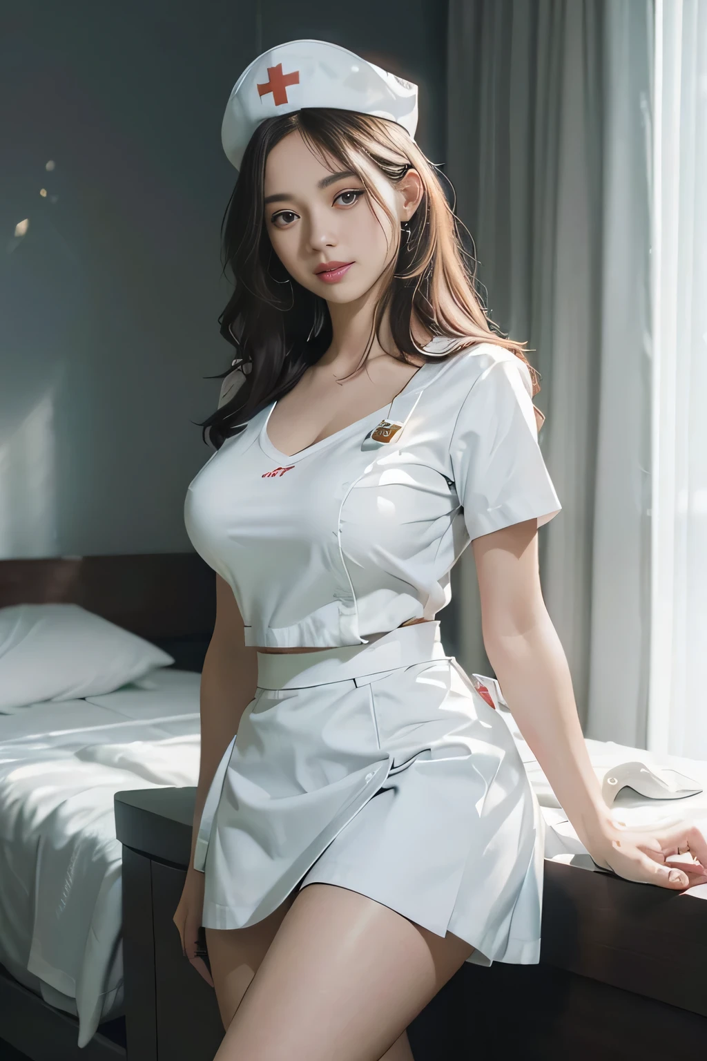 Innocent 18 year old girl，Colossal tits:1.2,cleavage of the breast:1.2、(pantyshot:1.3) (White nurse uniform:1.5),( White short skirt:1.5),(White nurse cap:1.5),(White Nurse Pump:1.5), (Stand leaning forward:1.3）,（Hands down:1.5）、The background is a hospital room、Smile,short-cut、Raw photo, (8K、top-quality、​masterpiece:1.2)、(intricate detailes:1.4)、(Photorealsitic:1.4)、octane renderings、Complex 3D rendering ultra detail, Studio Soft Light, Rim Lights, vibrant detail, super detailing, realistic skin textures, Detail Face, Beautiful detail eyes, Very detailed CG Unity 16k wallpaper, make - up, (detailedbackground:1.2), shinny skin, Full body