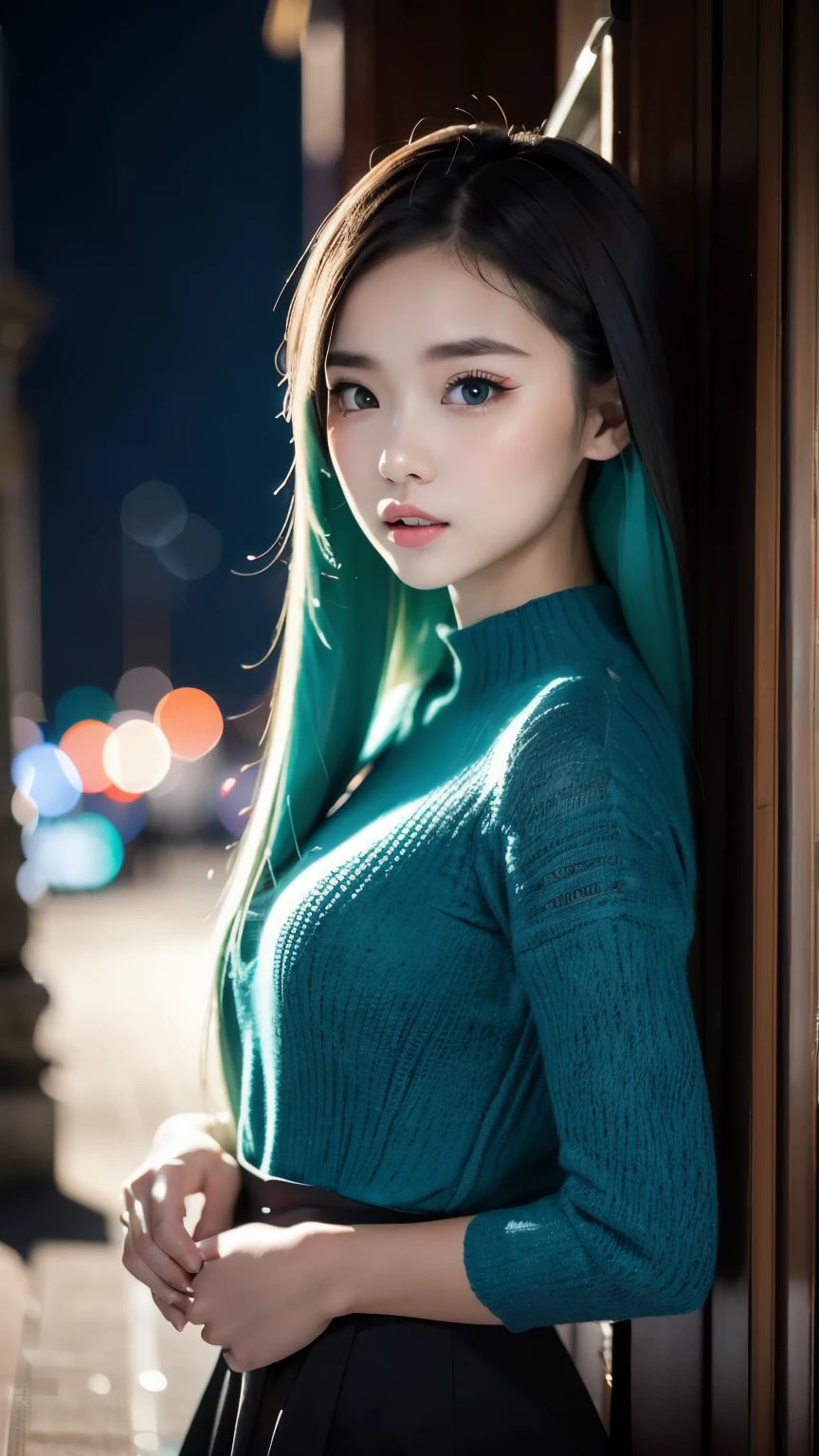 1 girl, white skin、Caucasoid、very cute face、small nose、plump lips、Braids bundled in one、french braid、An ennui look、night, dark, ((ash gray hair)),(Detailed gray eyes)、natural color tunic,National Costume, Upper body,Perfect good looks, ((blurred background))、((black background)),((shining turquoise light))、,cinematic lighting,professional photographer,random pose、50ｍｍlens