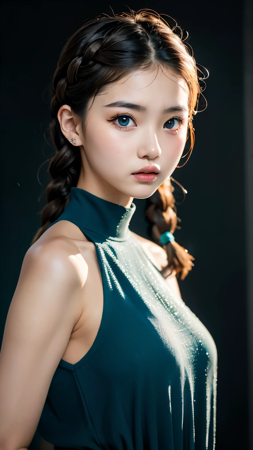 1 girl, white skin、Caucasoid、very cute face、small nose、plump lips、Braids bundled in one、french braid、An ennui look、night, dark, ((ash gray hair)),(Detailed gray eyes)、natural color tunic,National Costume, Upper body,Perfect good looks, ((blurred background))、((black background)),((shining turquoise light))、,cinematic lighting,professional photographer,random pose、50ｍｍlens