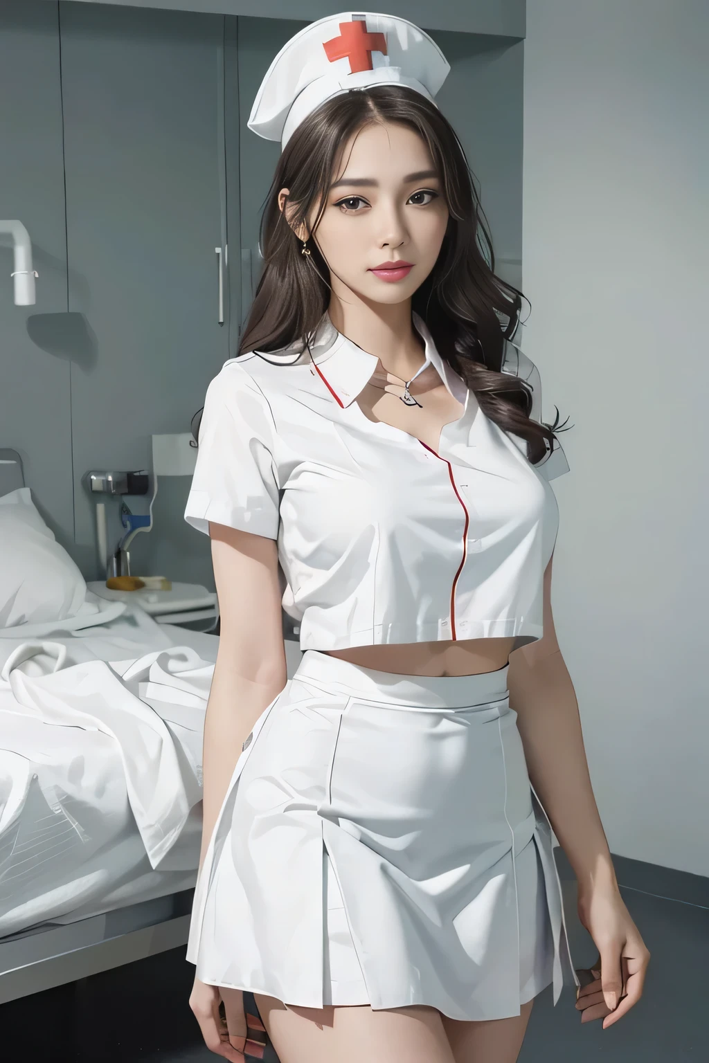 Innocent 18 year old girl,Colossal tits:1.2,cleavage of the breast:1.2、(pantyshot:1.3) (White nurse uniform:1.5),( White short skirt:1.5),(White nurse cap:1.5),(White Nurse Pump:1.5), (Stand leaning forward:1.3),(Hands down:1.5)、The background is a hospital room、Smile,short-cut、Raw photo, (8K、top-quality、masterpiece:1.2)、(intricate detailes:1.4)、(Photorealsitic:1.4)、octane renderings、Complex 3D rendering ultra detail, Studio Soft Light, Rim Lights, vibrant detail, super detailing, realistic skin textures, Detail Face, Beautiful detail eyes, Very detailed CG Unity 16k wallpaper, make - up, (detailedbackground:1.2), shinny skin, Full body