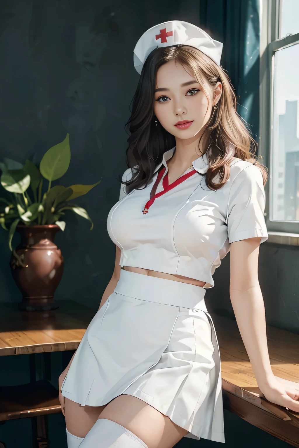 Innocent 18 year old girl,Colossal tits:1.2,cleavage of the breast:1.2、(pantyshot:1.3) (White nurse uniform:1.5),( White short skirt:1.5),(White nurse cap:1.5),(White Nurse Pump:1.5), (Stand leaning forward:1.3),(Hands down:1.5)、The background is a hospital room、Smile,short-cut、Raw photo, (8K、top-quality、masterpiece:1.2)、(intricate detailes:1.4)、(Photorealsitic:1.4)、octane renderings、Complex 3D rendering ultra detail, Studio Soft Light, Rim Lights, vibrant detail, super detailing, realistic skin textures, Detail Face, Beautiful detail eyes, Very detailed CG Unity 16k wallpaper, make - up, (detailedbackground:1.2), shinny skin, Full body