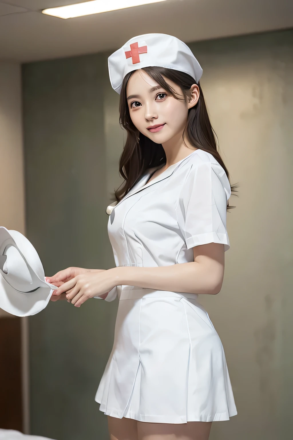 Innocent 18 year old girl,Colossal tits:1.2,cleavage of the breast:1.2、(pantyshot:1.3) (White nurse uniform:1.5),( White short skirt:1.5),(White nurse cap:1.5),(White Nurse Pump:1.5), (Stand leaning forward:1.3),(Hands down:1.5)、The background is a hospital room、Smile,short-cut、Raw photo, (8K、top-quality、masterpiece:1.2)、(intricate detailes:1.4)、(Photorealsitic:1.4)、octane renderings、Complex 3D rendering ultra detail, Studio Soft Light, Rim Lights, vibrant detail, super detailing, realistic skin textures, Detail Face, Beautiful detail eyes, Very detailed CG Unity 16k wallpaper, make - up, (detailedbackground:1.2), shinny skin, Full body