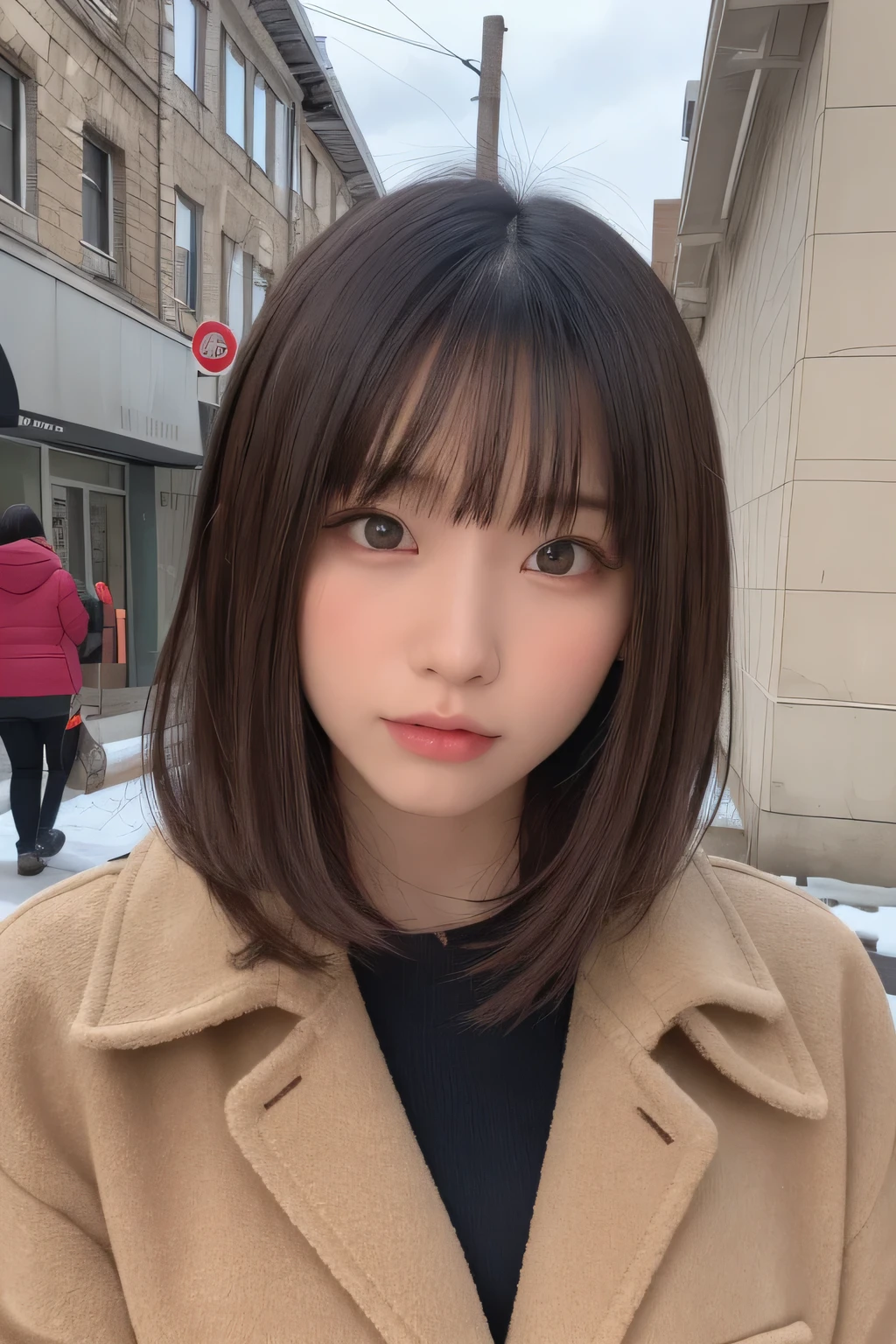 one girl, (a beauty girl, delicate girl:1.3), (13 years old, gal:1.3),
break, (Winter clothes, Stylish coat:1.3),
break, extremely fine transparency, (symmetrical eyes:1.3),
break, (Street view:1.3),
break, small breasts, brown eyes, parted bangs, brown hair,  girl,
break, (Eye and face details:1.0),
break, (masterpiece, highest quality, Super detailed, detailed face, 8K)