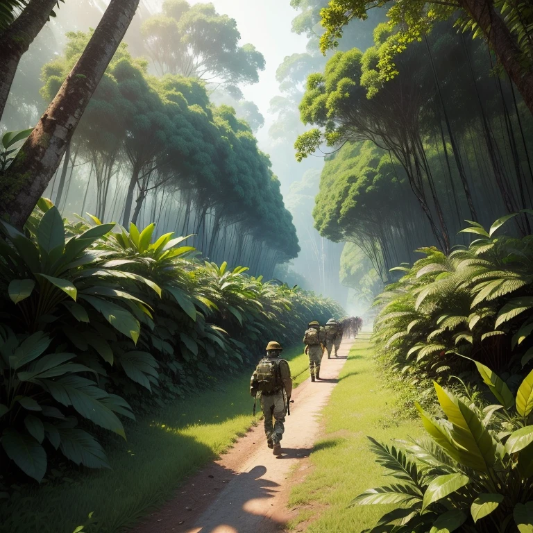 A group of soldiers marching inside the dense Amazon rainforest, 4k high resolution, ultra realista, ((realista:1:2)), Wide View Mode --AR 16:9, --v 5 auto-imaginar -