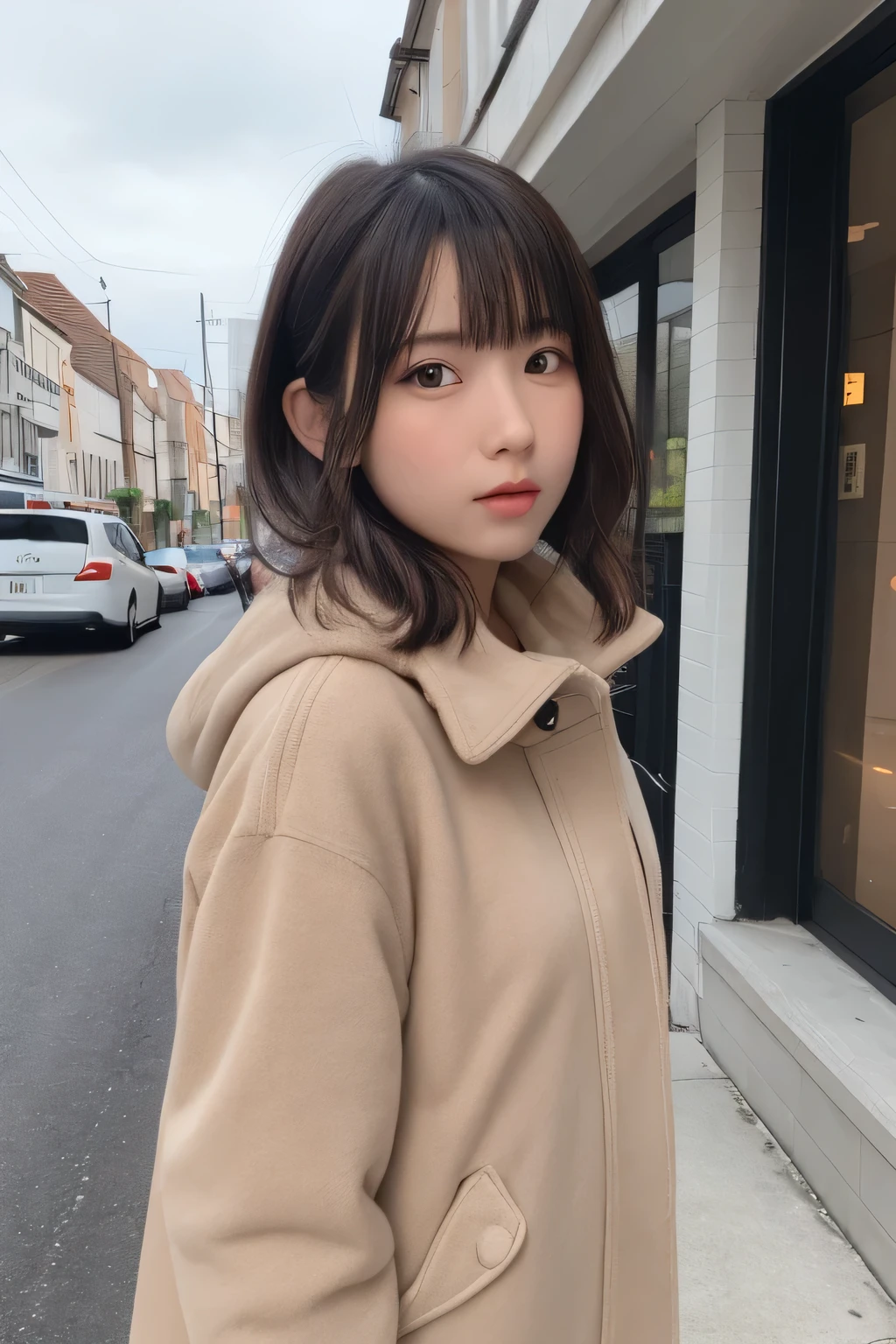 one girl, (a beauty girl, delicate girl:1.3), (, gal:1.3),
break, (Winter clothes, Stylish coat:1.3),
break, extremely fine transparency, (symmetrical eyes:1.3),
break, (Street view:1.3),
break, small breasts, brown eyes, parted bangs, brown hair,  girl,
break, (Eye and face details:1.0),
break, (masterpiece, highest quality, Super detailed, detailed face, 8K)