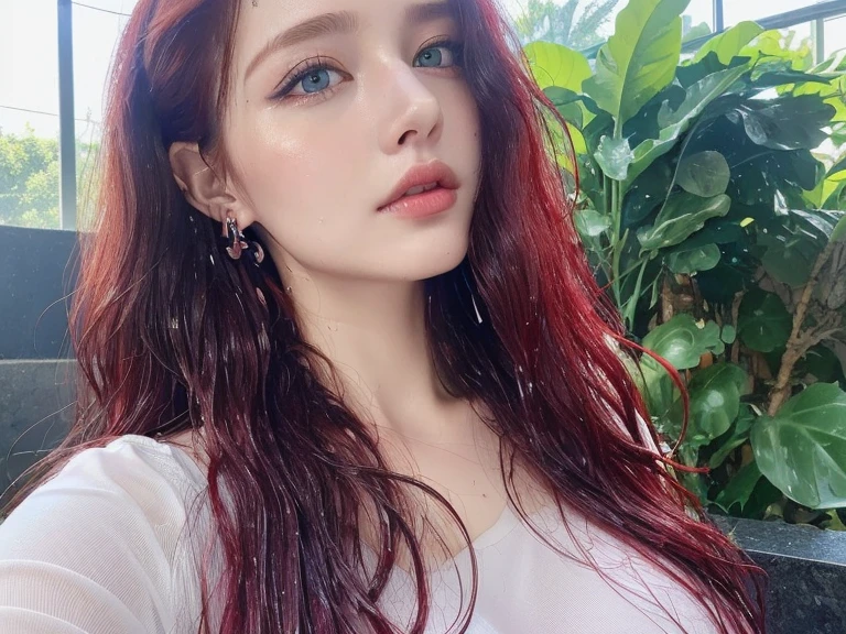 4 miniature Beautiful handsome woman, ((top quality, 8k, masterpiece:1.retty woman, 1woman, huge breasts:1.3, slender figure:1.1, elastic red long hair, (shower, wet body, wet clothes:1.1), very detailed face, detailed lips, detailed eyes, double eyelids, detailed blue eyes, extremely detailed outstanding blue eyes, red wet hair, red wet hair, detailed outstanding BLUE EYES, innocent stare at the viewer, extremely wet wavy red hair, detailed outstanding BLUE EYES, raining outside, huge earrings