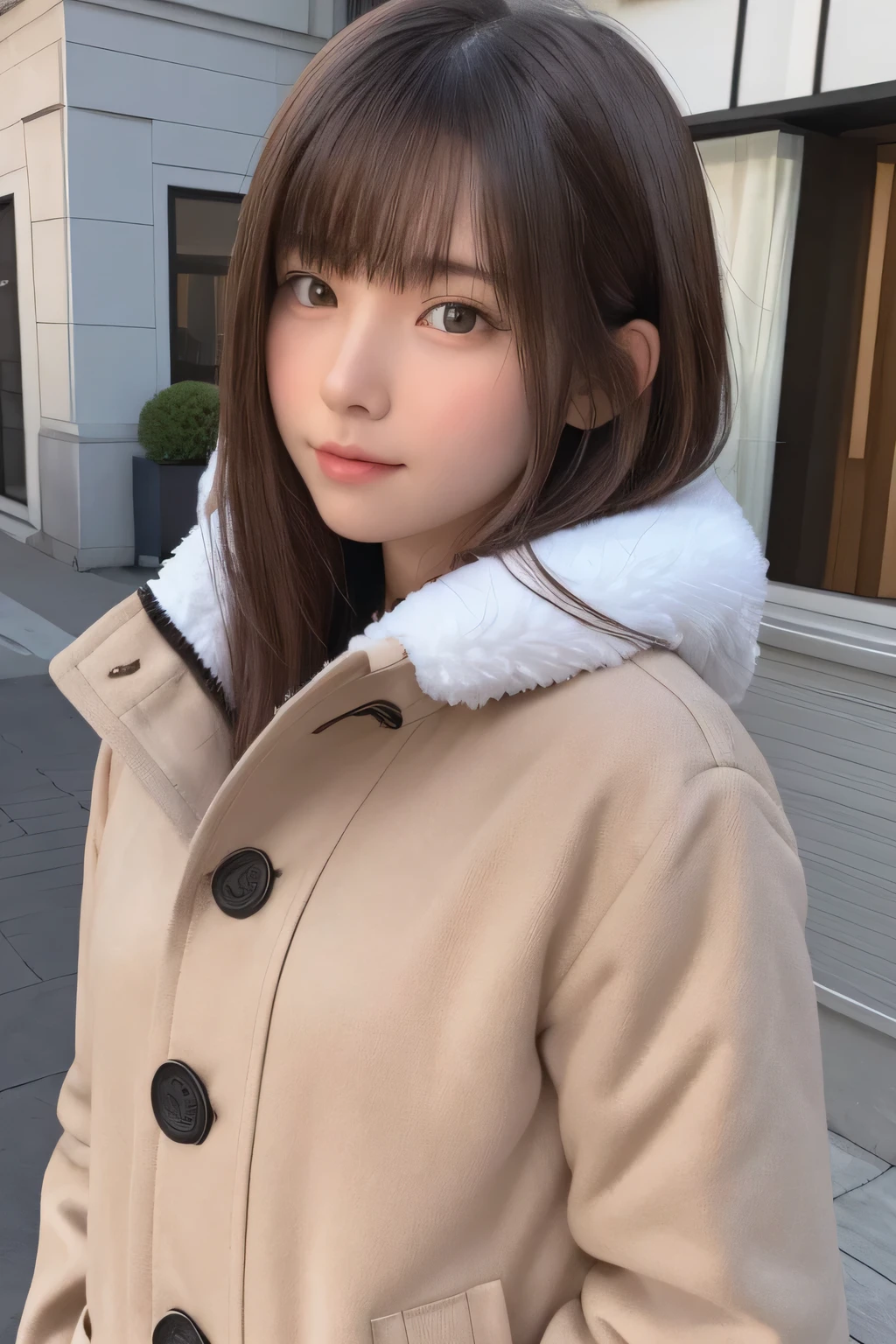 (Top image quality、8K、masterpiece:1.3))、Realistic high-quality photos、top-quality、girl cute-fine face、13 years old beautiful Japan girl、Photo of slim little girl model、Beautiful girl model、young japanese girl、Young cute face、japanaese girl、13-year-old female model、Beautiful Model Girl、The innocent look of the girl next door、lovely delicate face、Brown hair、Beautiful brown eyes、Tear bag、drooing eyes、young body、Duffel coat