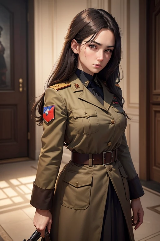 score_9, score_8_up, score_7_up, score_6_up, 1girl, solo, military uniform, blue beret, dark hair, hair in a bun, medium breasts, cleavage, saluting, very clear image, detailed hands, detailed character design, ultra-high resolution, perfectly composed, clear, breathtaking attention to detail, highres, ultra detail, 8k wallpaper,