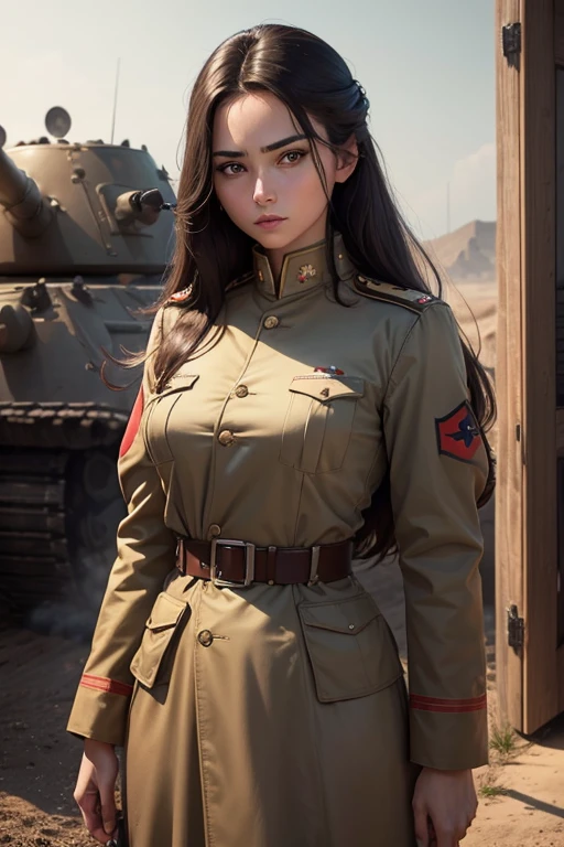 Raw photo. Young Turkish woman in military uniform sitting on rusty tank, Open legs, Perspective, Detail Half Body, Sharp Focus, Blend with light, Exposed , Detailed , Showing , opened dress, Nipple slip,ultra gigantic tits、 1940s atmosphere, half . (High detailed skin:1.2), 8K UHD, Digital SLR, Soft lighting, High quality, Film grain, FujifilmXT3.