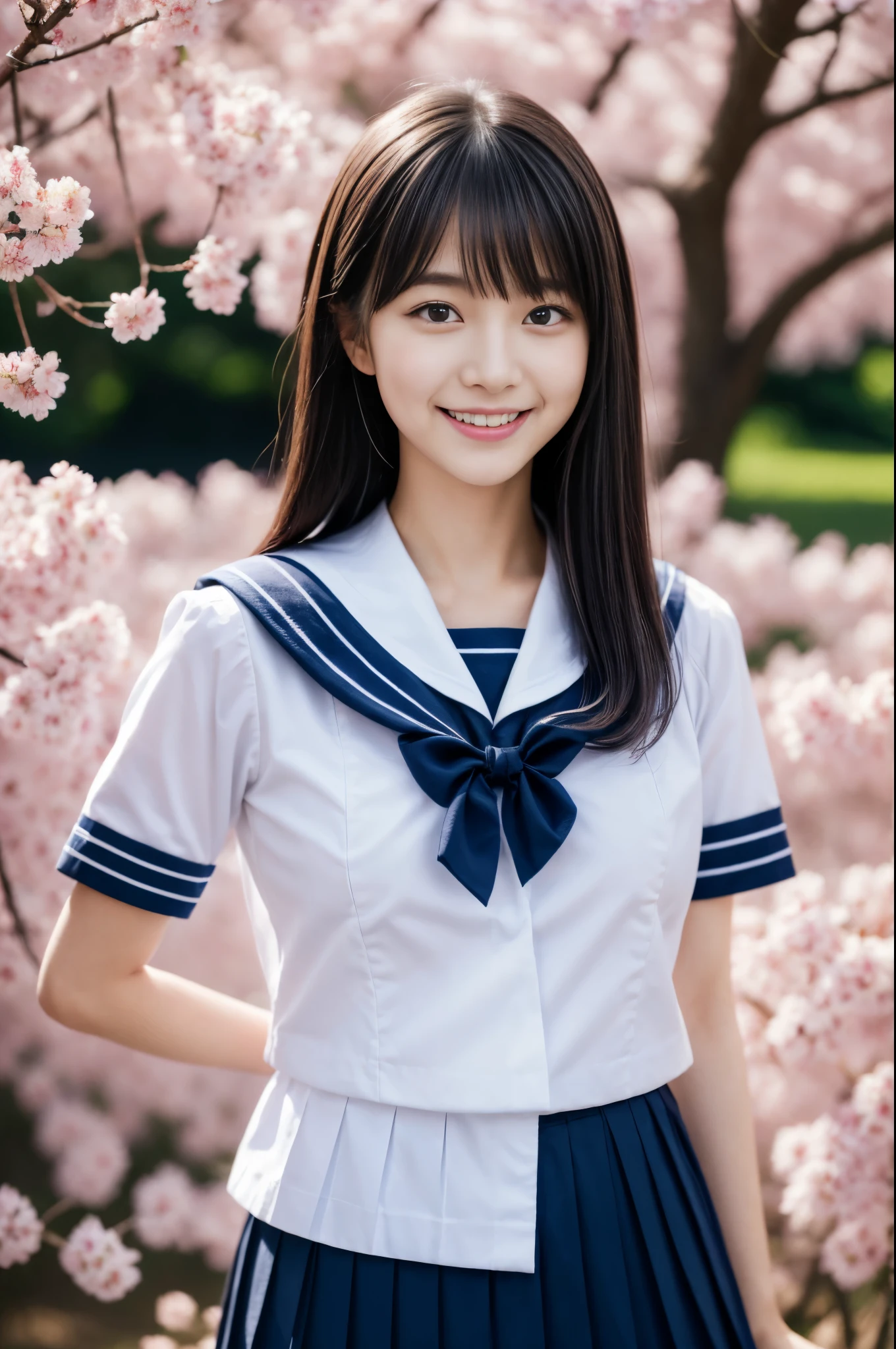 Close up of woman posing for photo,  The most beautiful Japanese model, 18-year-old female model,  4K、bangs、A dark-haired, long bob hair, Middle hair, Straight hair、(white  shirt, Sailor School Uniform, Dark blue pleated skirt:1.2),　(Super cute face in idol style:1.4), upper body, slim and beautiful figure, ????, beautiful ??????, A smile, The background is a row of cherry blossom trees, (RAW photo, best quality, masterpiece, ultra detailed, ultra high res, realistic), 