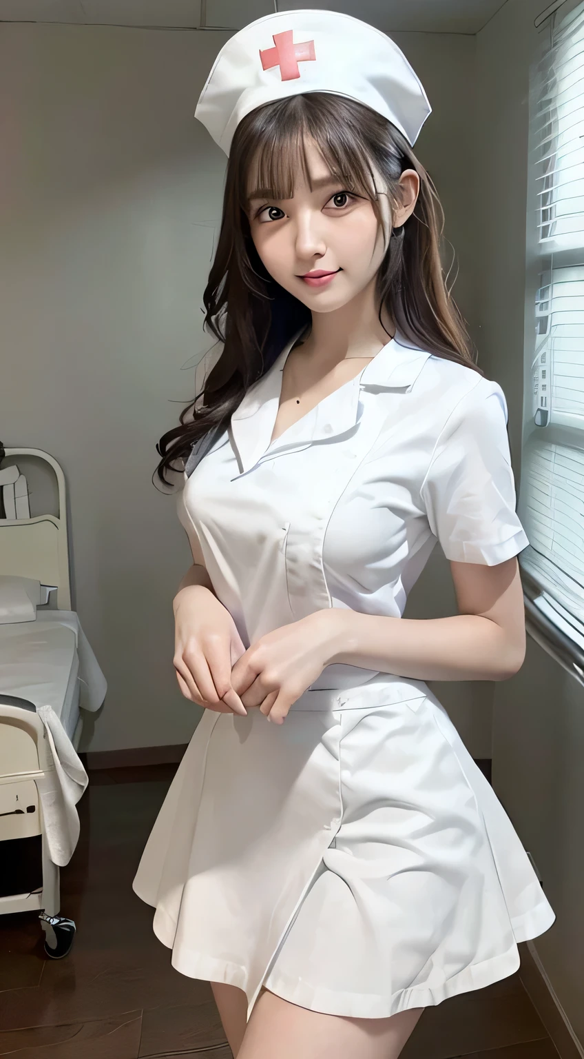 Innocent 18 year old girl,Colossal tits:1.2,cleavage of the breast:1.2、(pantyshot:1.3) (White nurse uniform:1.5),( White short skirt:1.5),(White nurse cap:1.5),(White Nurse Pump:1.5), (Stand leaning forward:1.3),(Hands down:1.5)、The background is a hospital room、Smile,short-cut、Raw photo, (8K、top-quality、masterpiece:1.2)、(intricate detailes:1.4)、(Photorealsitic:1.4)、octane renderings、Complex 3D rendering ultra detail, Studio Soft Light, Rim Lights, vibrant detail, super detailing, realistic skin textures, Detail Face, Beautiful detail eyes, Very detailed CG Unity 16k wallpaper, make - up, (detailedbackground:1.2), shinny skin, Full body