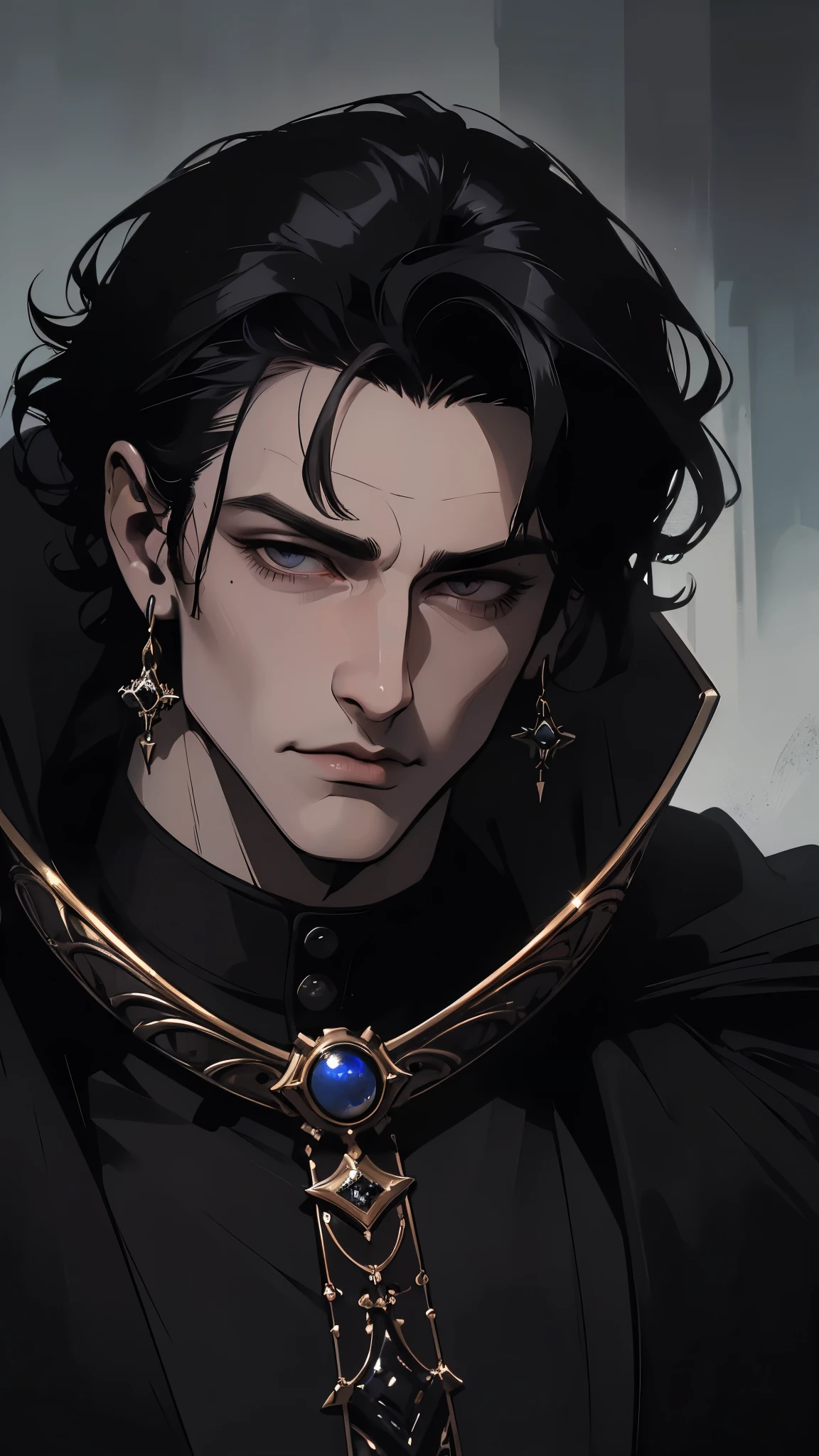 ((high detail, masterpiece)), dramatic lighting(absurdres, highres, ultra detailed), extremely detailed CG unity 8k. mature face, adult man, man, mature man, muscular, tall, long dark black hair, sharp jawline, sharp eyes, muscular build, earrings, mature man, formal black clothing, black fur cloak