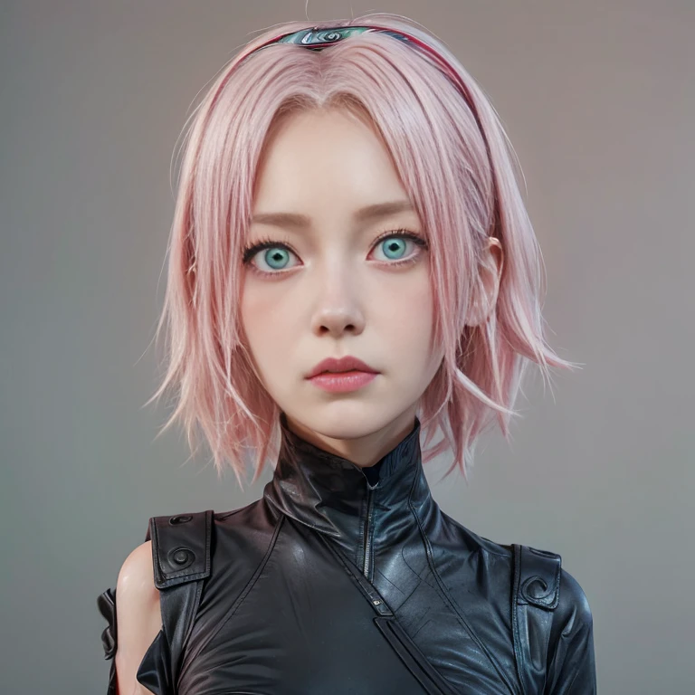 young woman, white skin, short bubblegum pink hair, wide forehead, pink eyebrows, big emerald green eyes, crying, upturned nose, full lips, heart-shaped face, black clothes, high detail, sharp focus, Sakura Haruno, realistic, realism, 3d