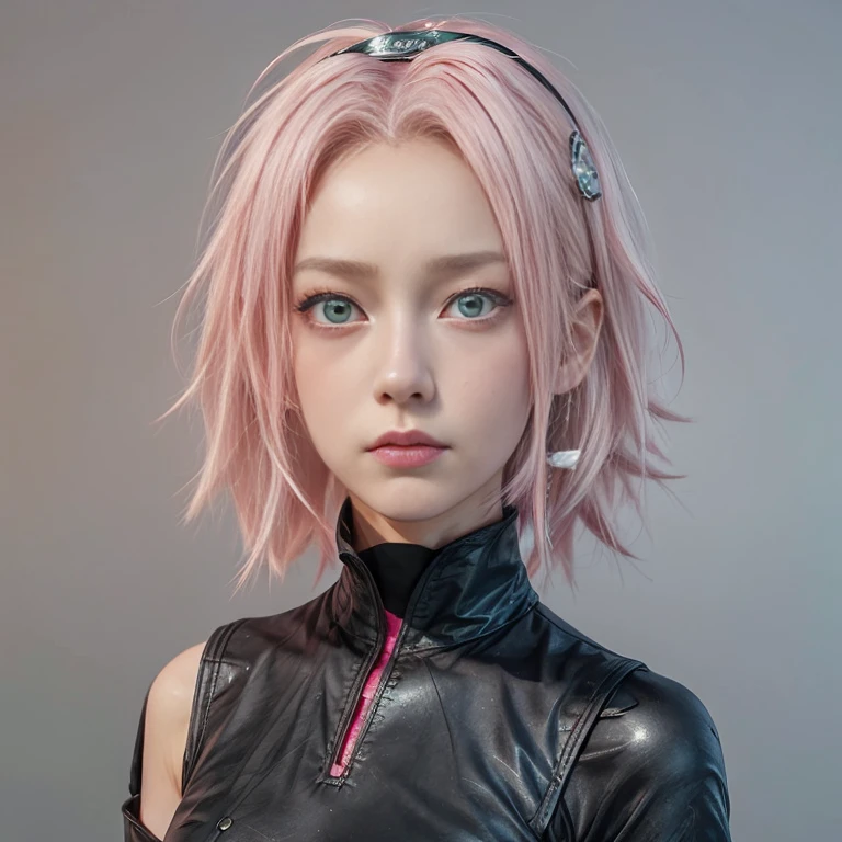 young woman, white skin, short bubblegum pink hair, wide forehead, pink eyebrows, big emerald green eyes, crying, upturned nose, full lips, heart-shaped face, black clothes, high detail, sharp focus, Sakura Haruno, realistic, realism, 3d