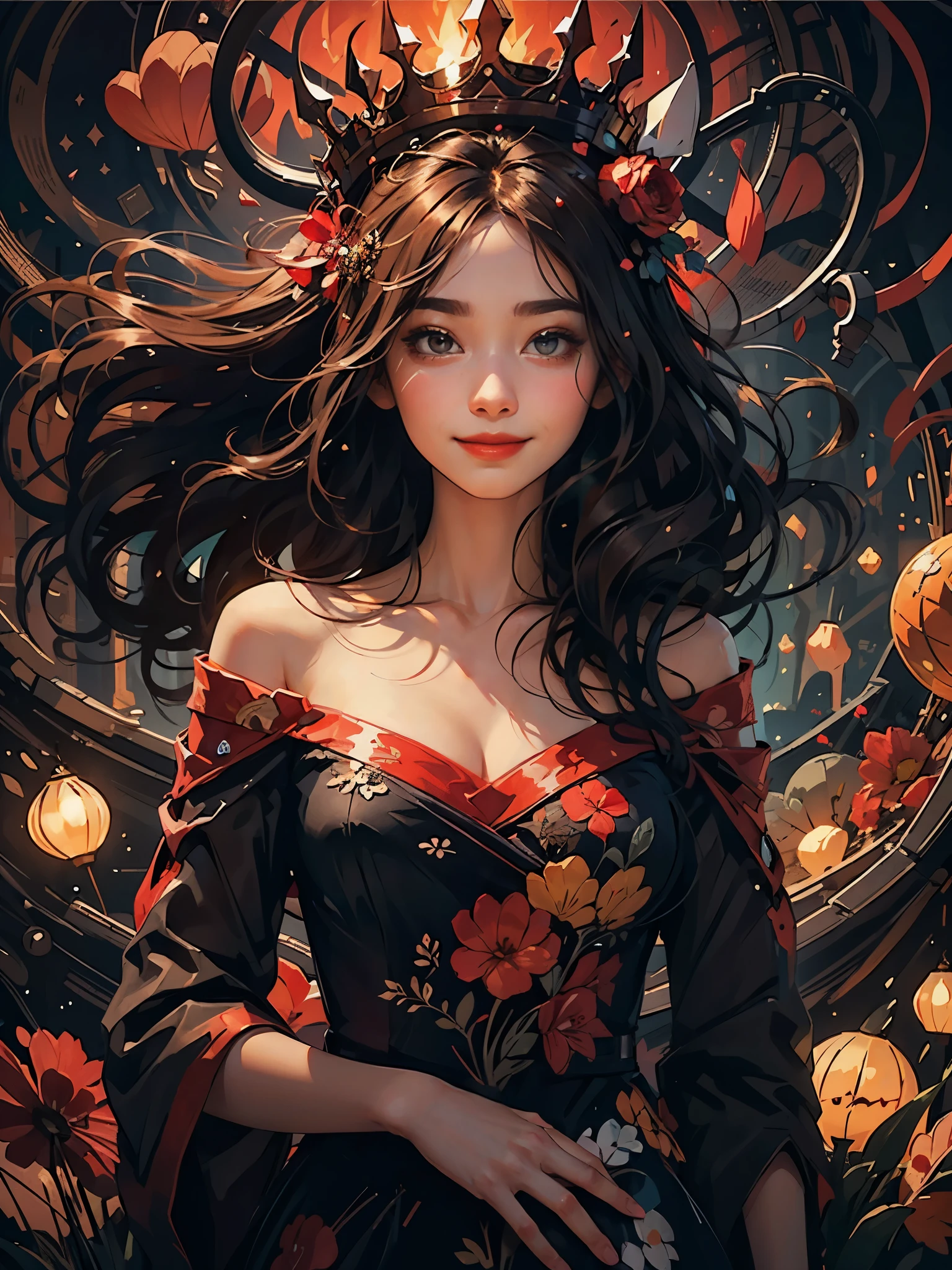 official art, unity 8k wallpaper, ultra detailed, beautiful and aesthetic, High quality, beautiful, masterpiece, best quality, (zentangle, mandala, tangle, entangle:0.6), warm smile, twinkle, queen, red, red, red