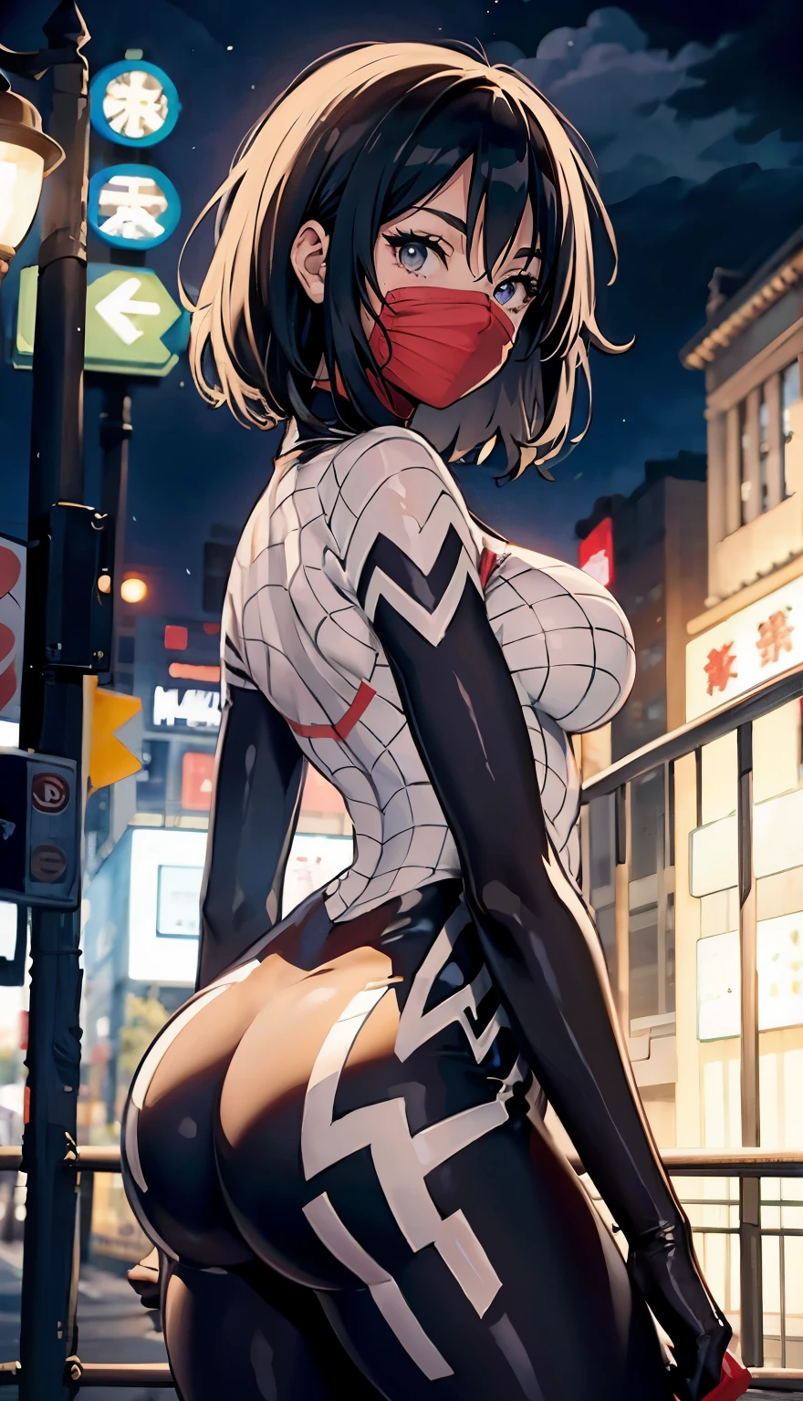 (masterpiece:1.2, best quality), actual, (real picture, intricate details, depth of field), masterpiece, best quality, (masterpiece, best quality:1.2), alone, 1 plump girl, Cindy Moon, view viewer, Face mask, short hair, fitness model, tights, screen print, dim lights, in the cell, only, hourglass figure, curve model, beautiful curves, Charming curves, Thin waist, thick hips, big deal breasts, big deal , 最big deal乳房, 巨big deal乳房, raised buttocks, butt augmentation, Pelvis width, In the alley at night, In heavy rain