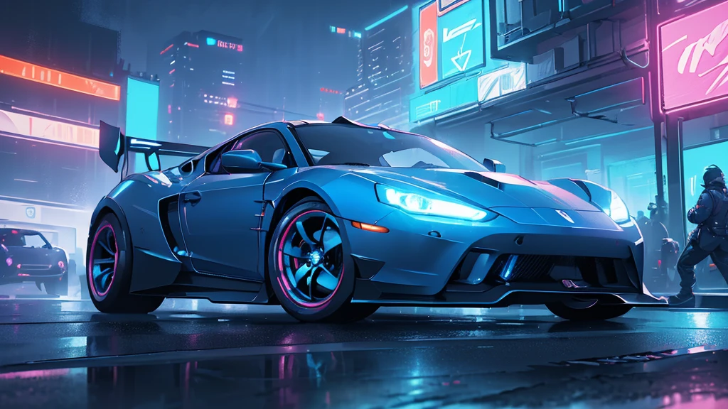 (sports car, blue headlights, street racing), ((blue cyberpunk city, colorful neon), (8k, extremaly detailed, lighting like a movie, lense flares)