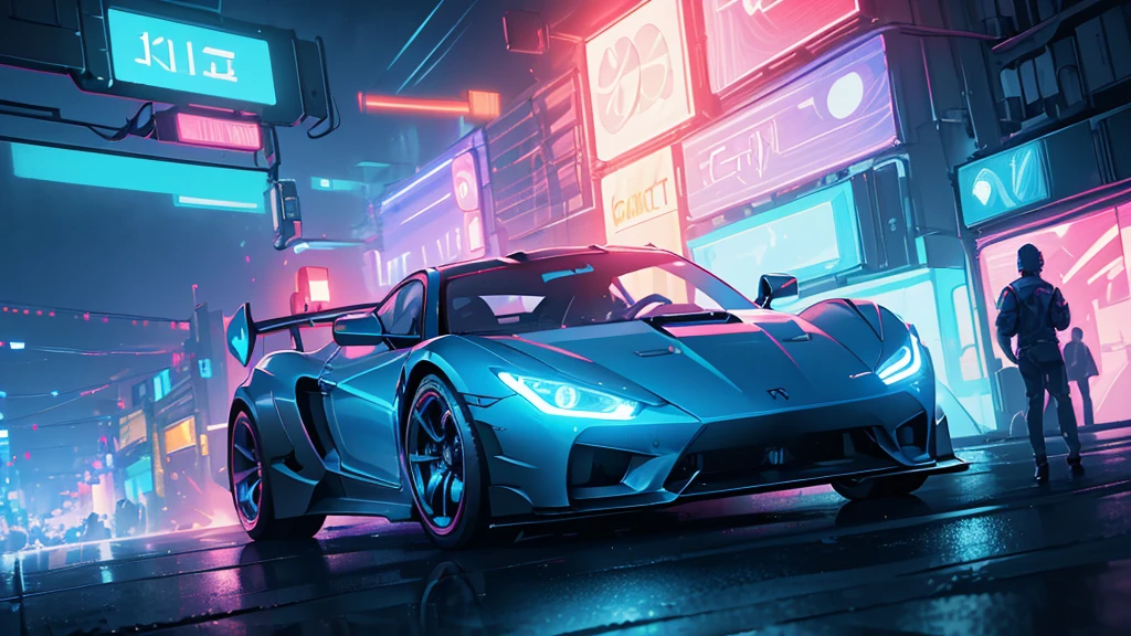 (sports car, blue headlights, street racing), ((blue cyberpunk city, colorful neon), (8k, extremaly detailed, lighting like a movie, lense flares)