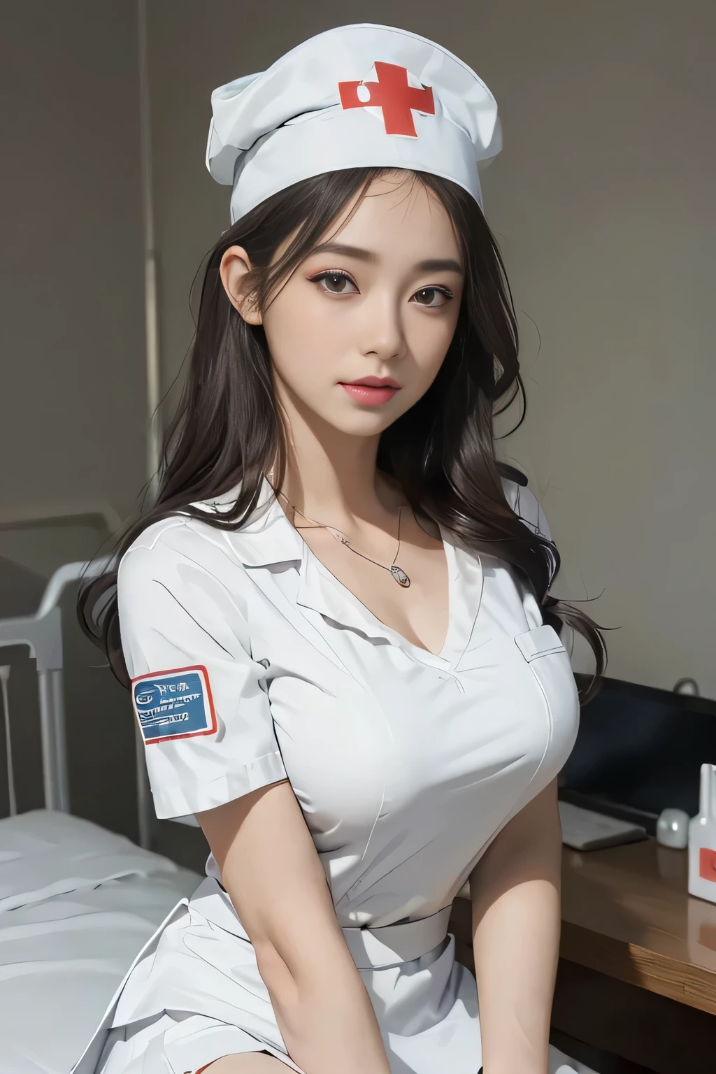 Innocent 18 year old girl，Colossal tits:1.2,cleavage of the breast:1.2、(pantyshot:1.3) (White nurse uniform:1.5),( White short skirt:1.5),(White nurse cap:1.5),(White Nurse Pump:1.5), (Stand leaning forward:1.3）,（Hands down:1.5）、The background is a hospital room、Smile,short-cut、Raw photo, (8K、top-quality、​masterpiece:1.2)、(intricate detailes:1.4)、(Photorealsitic:1.4)、octane renderings、Complex 3D rendering ultra detail, Studio Soft Light, Rim Lights, vibrant detail, super detailing, realistic skin textures, Detail Face, Beautiful detail eyes, Very detailed CG Unity 16k wallpaper, make - up, (detailedbackground:1.2), shinny skin, Full body