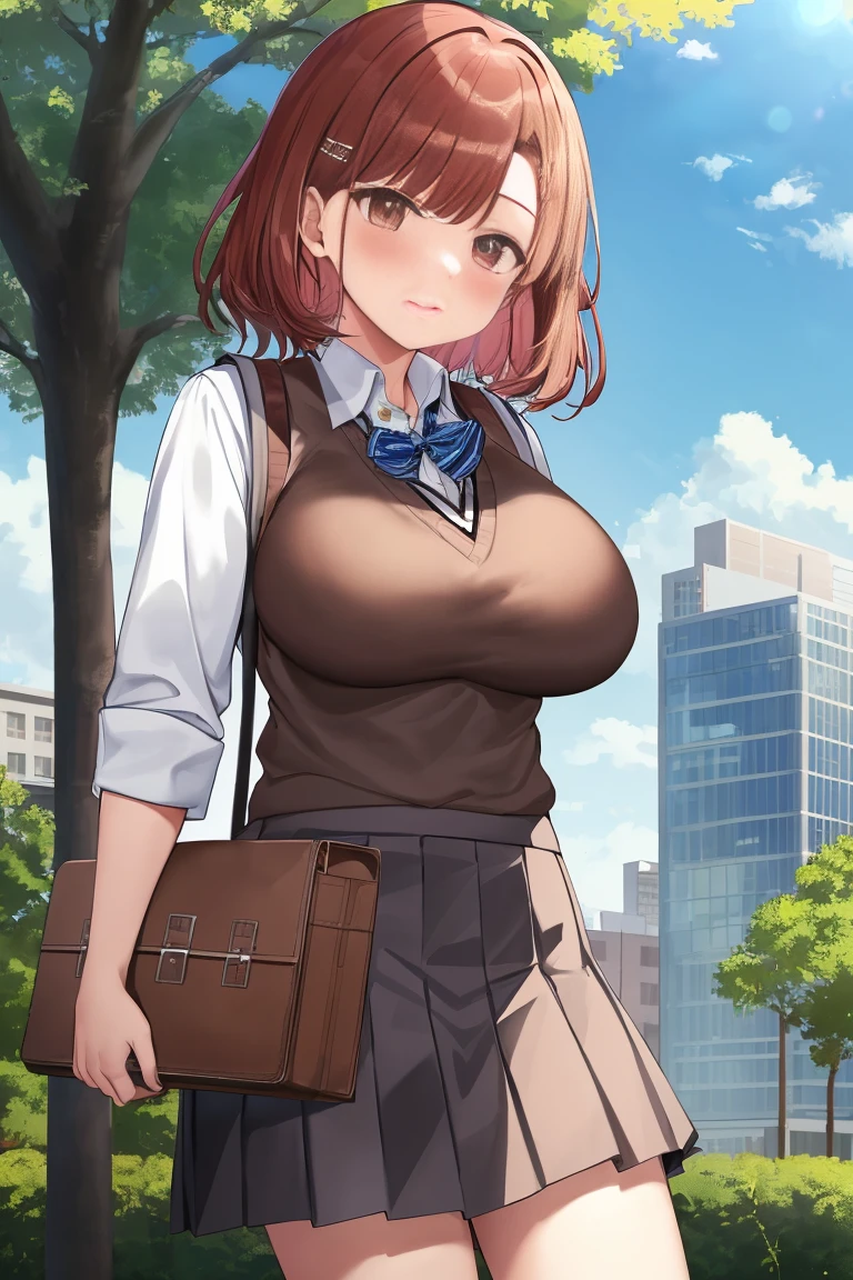 misaka_mikoto, 1girl, ((large breast)), solo, school_uniform, tokiwadai_school_uniform, sweater_vest, skirt, bag, blush, building, tree, school_bag, day, school_briefcase, city, sky, outdoors, cloud, holding, brown_sweater_vest.