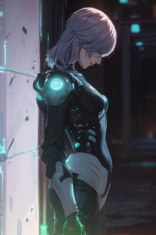 score_9, score_8_up, score_7_up, source_anime, solo, elf, white hair, grey hair, earrings, pointy ears, long hair, ponytail, green eyes, twintails, parted bangs, thick eyebrows, neon trim, lights, laboratory, factory, from side, from behind, dynamic angle, holding clothes, laundry machine, clothes on floor, clothes, tank top, wet clothes, low key, depth of field,frieren