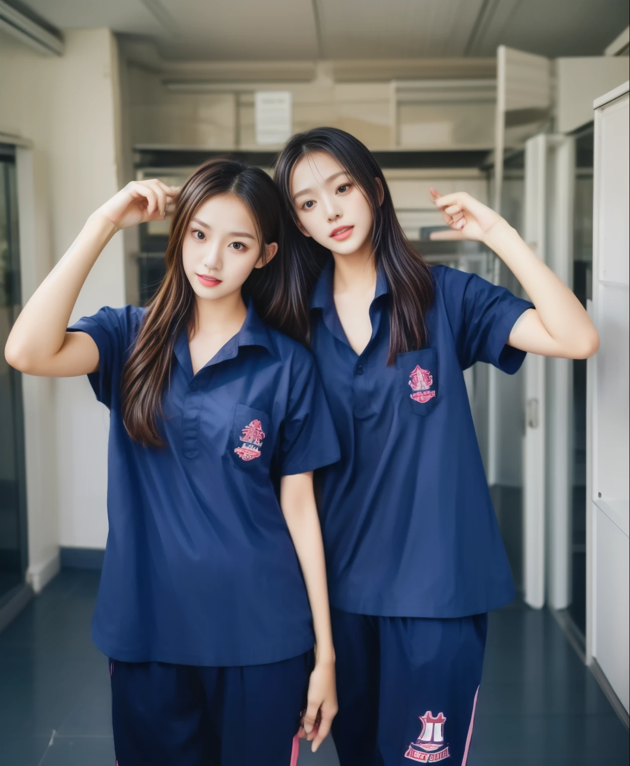 2 girls in locker room, Navy blue short-sleeved shirt,Navy Long Trackpant,Sweatpants, Sweatpantsขายาว,25 year old girl, lesbian, sexy, exercise clothes, wet body