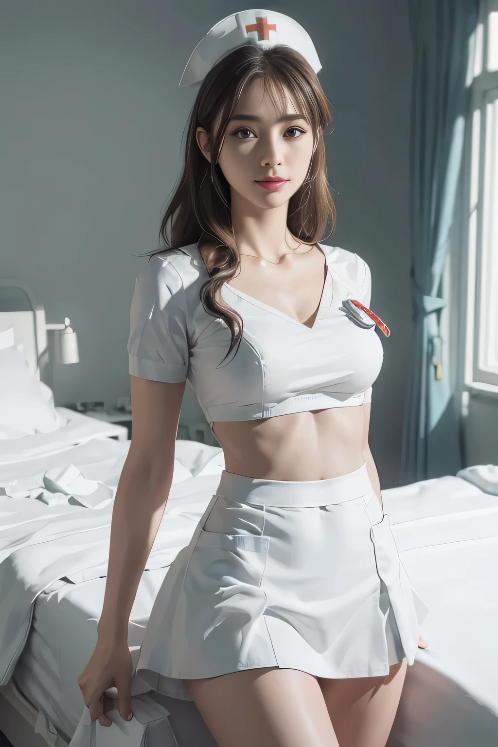 s ass、Beautiful female nurse in medium breasts and very tight short nurse clothes, Nurse's Cap、 A dark-haired, tonned skin, Hospital Room, A smile、A sexy、