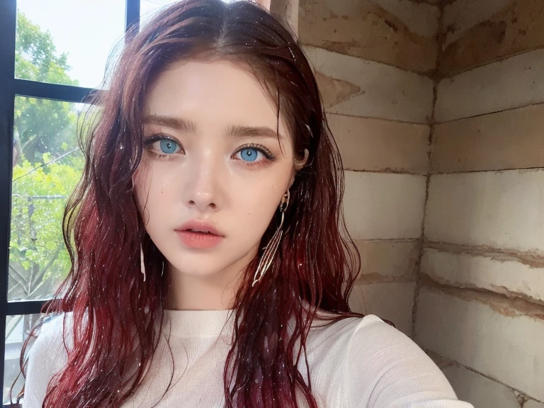 4 miniature Beautiful handsome woman, ((top quality, 8k, masterpiece:1.retty woman, 1woman, huge breasts:1.3, slender figure:1.1, elastic red long hair, (shower, wet body, wet clothes:1.1), very detailed face, detailed lips, detailed eyes, double eyelids, detailed blue eyes, extremely detailed outstanding blue eyes, red wet hair, red wet hair, detailed outstanding BLUE EYES, innocent stare at the viewer, extremely wet wavy red hair, detailed outstanding BLUE EYES, raining outside, huge earrings