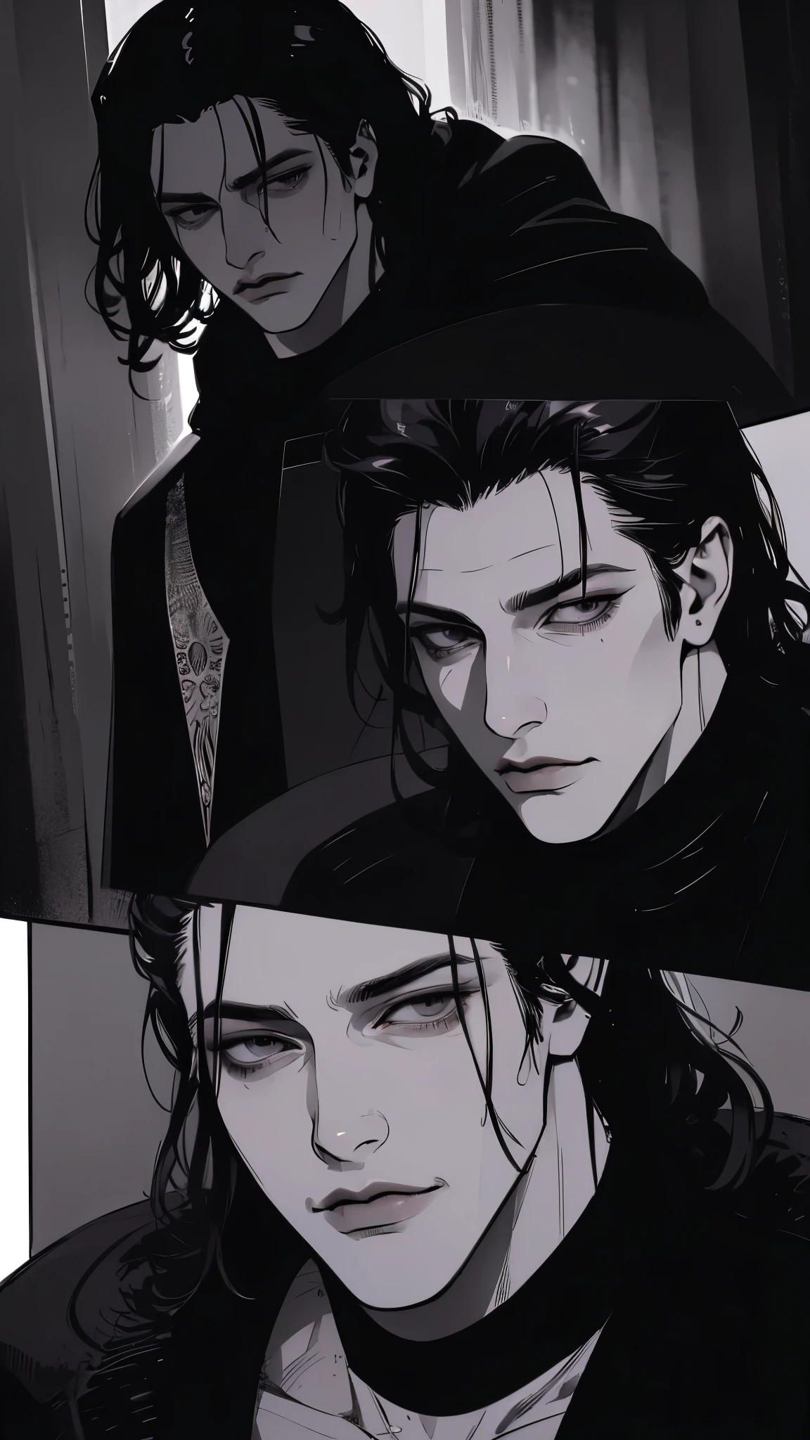 ((high detail, masterpiece)), dramatic lighting(absurdres, highres, ultra detailed), extremely detailed CG unity 8k. mature face, adult man, man, mature man, muscular, tall, long dark black hair, sharp jawline, sharp eyes, muscular build, earrings, mature man, formal black clothing, black fur cloak