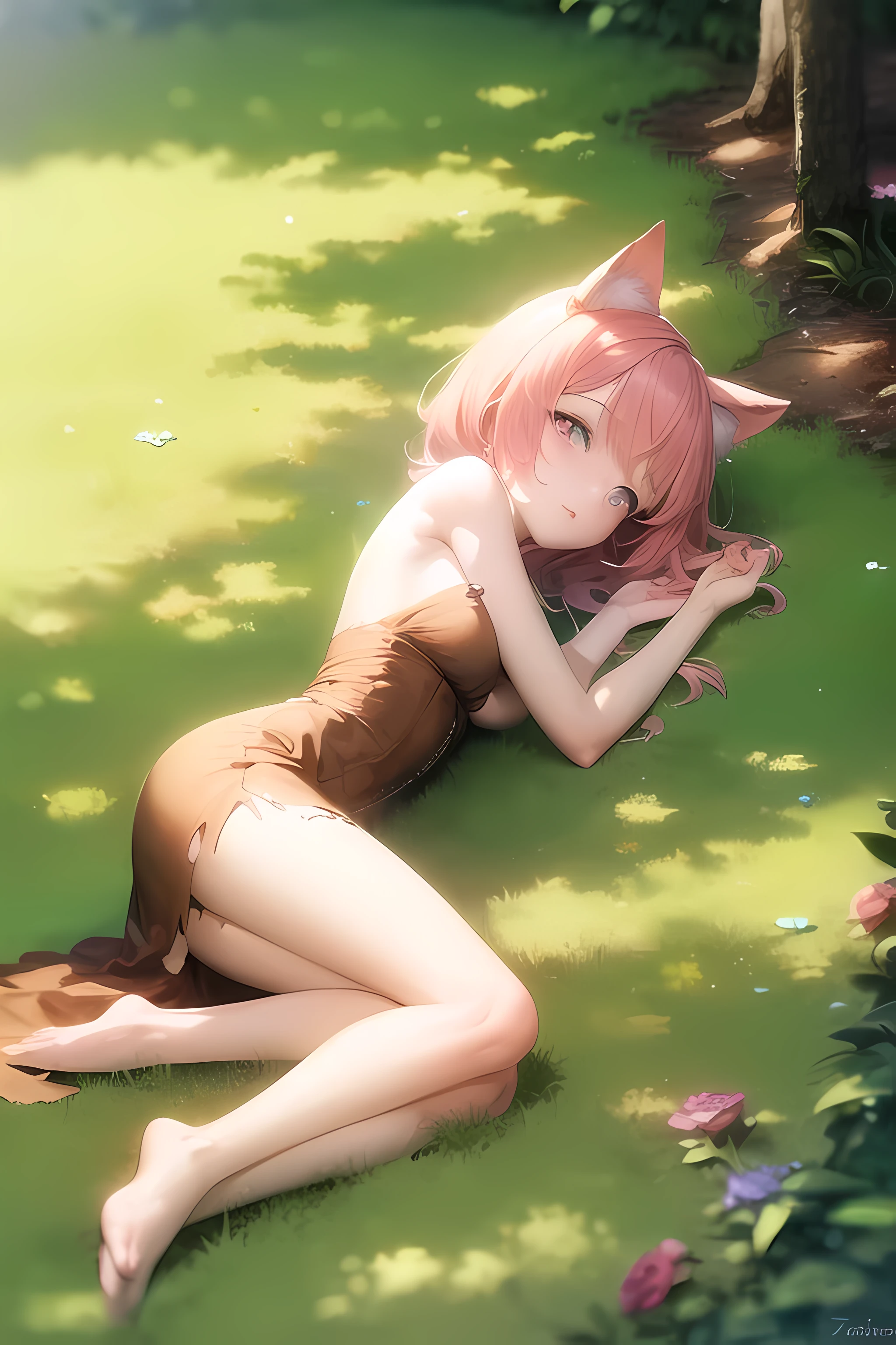 (1 girl, solo, pink hair, pink cat ears, 20 years old, wearing a torn old brown dress, naked underneath (bare hands, bare feet, bare legs):1.2), (lying on the grass, the shadow of the trees reflected on her face, bright air, sunlight reflecting through the trees, striking lighting)