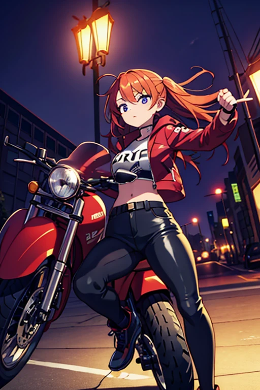 A beautiful orange-haired girl with part of her hair dyed purple who is dressed in tight black pants., una playera negra, un par de botas negras, a deep red jacket carrying a sword on his back and riding a modern motorcycle.