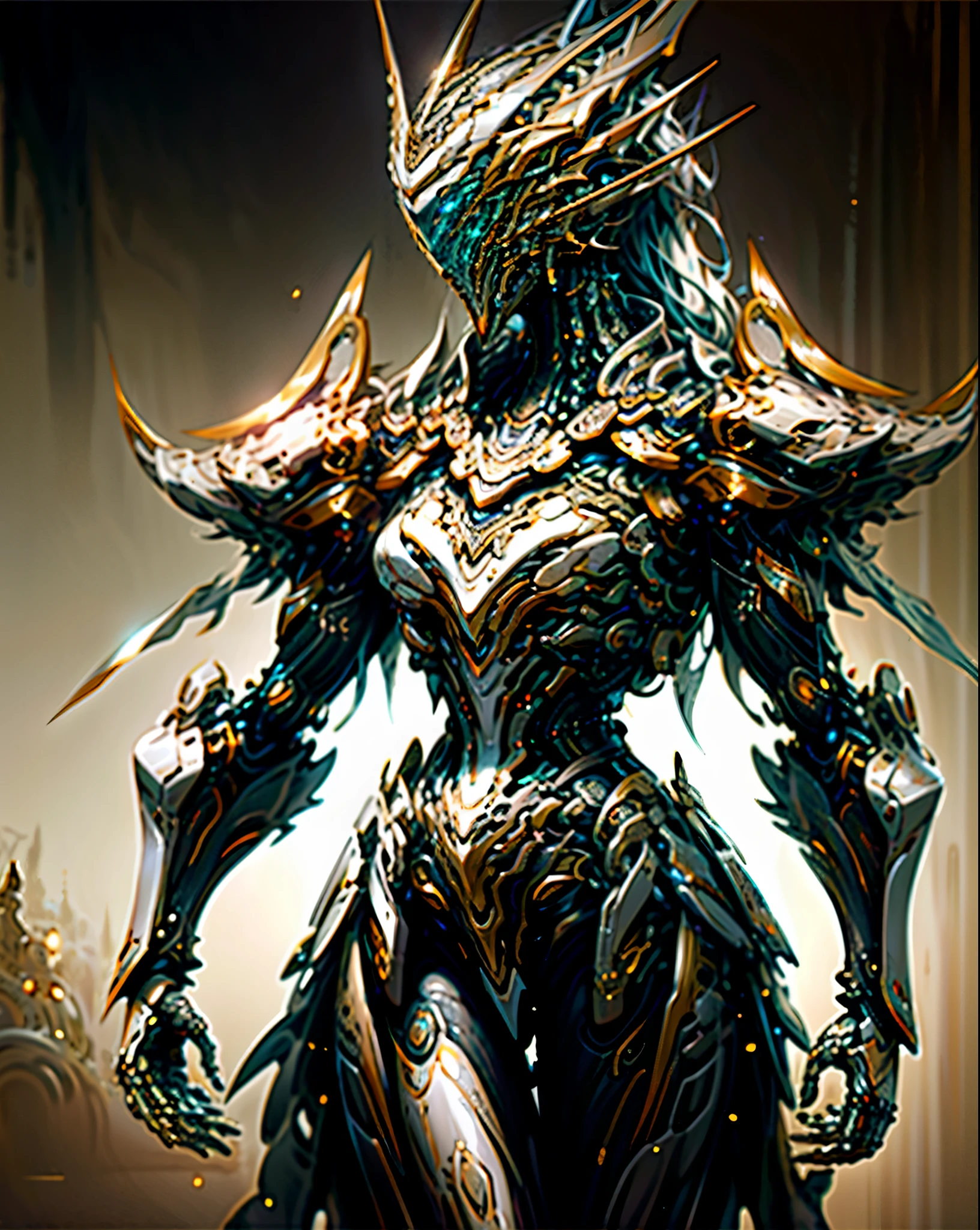 solo, super fine photo, full body picture Unreal Engine 5 8K UHD, female, white and black grey color scheme armor, details, tattoo details, majestic luxurious helmet with a metallic female face, 4 arms, 2 demon arms and 2 angel arms, best quality, masterpiece, official art, unified 8k wallpaper, ultra detailed, sharp focus, dynamic pose, body parts, concept character art