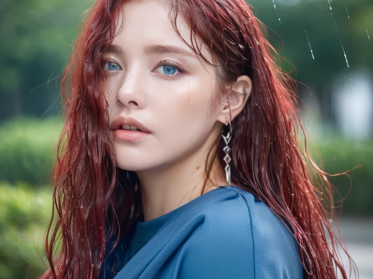 4 miniature Beautiful handsome woman, ((top quality, 8k, masterpiece:1.retty woman, 1woman, huge breasts:1.3, slender figure:1.1, elastic red long hair, (shower, wet body, wet clothes:1.1), very detailed face, detailed lips, detailed eyes, double eyelids, detailed blue eyes, extremely detailed outstanding blue eyes, red wet hair, red wet hair, detailed outstanding BLUE EYES, innocent stare at the viewer, extremely wet wavy red hair, detailed outstanding BLUE EYES, raining outside, huge earrings