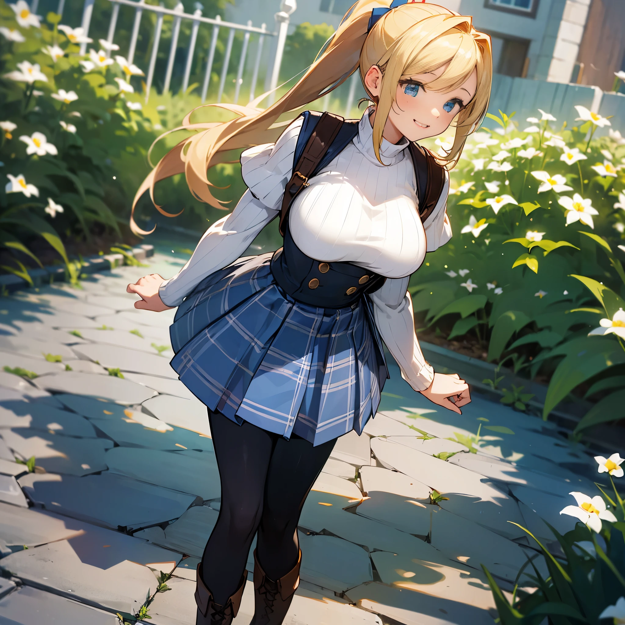 (high quality, high resolution, Super detailed, Reality:1.37), peaceful atmosphere, (outdoor, garden), Teenage girl standing alone, (My breasts are big.), Beautiful detailed features, cute smile, (Blonde ponytail), ribbed sweater, blue plaid skirt, Black tights, brown boots.