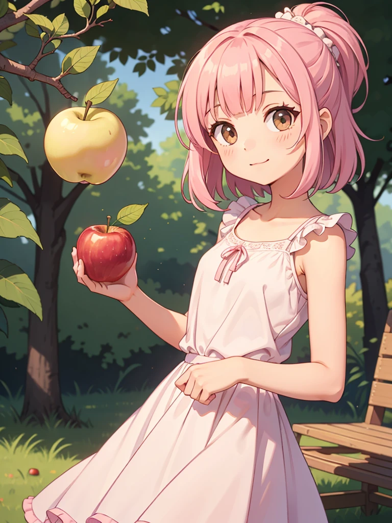 Cute girl, pink hair, brown eyes, soft pink dress, with an apple, Coquette style