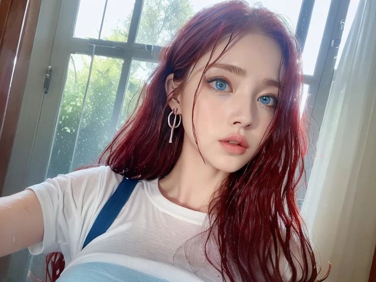 4 miniature Beautiful handsome woman, ((top quality, 8k, masterpiece:1.retty woman, 1woman, huge breasts:1.3, slender figure:1.1, elastic red long hair, (shower, wet body, wet clothes:1.1), very detailed face, detailed lips, detailed eyes, double eyelids, detailed blue eyes, extremely detailed outstanding blue eyes, red wet hair, red wet hair, detailed outstanding BLUE EYES, innocent stare at the viewer, extremely wet wavy red hair, detailed outstanding BLUE EYES, raining outside, huge earrings