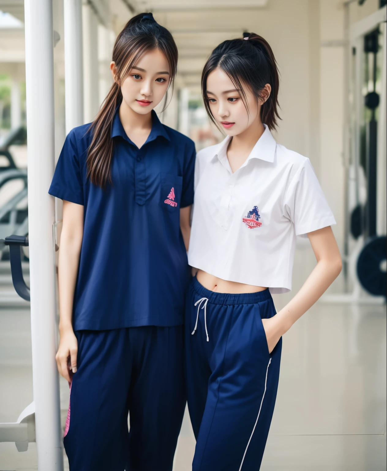 2 girls in fitness center, Navy blue short-sleeved shirt,Navy Long Trackpant,Sweatpants, Sweatpantsขายาว,25 year old girl, lesbian, sexy, exercise clothes, wet body