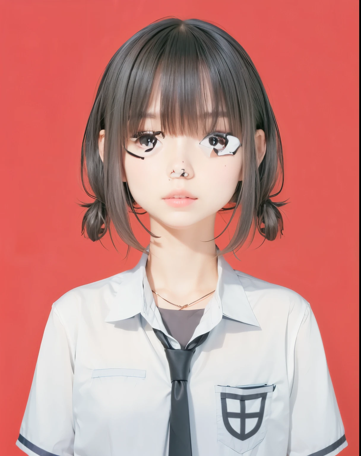 Cute girl with black hair and white shirt and tie, realistic.