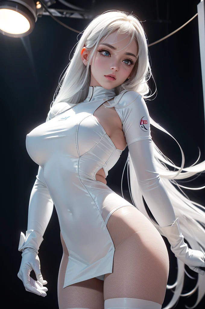 (best quality,8k:1.2,high resolution:1.2),ultra-detalhado,Realistic,retro science female,static pose,long hair,rosto extremamente detalhados,long eyelashes,all sheer light white Collant de nylon Apertado,pantyhose, white gloves,white Glossy metalic accessories,Physically-based rendering,foco nítido,studio lighting