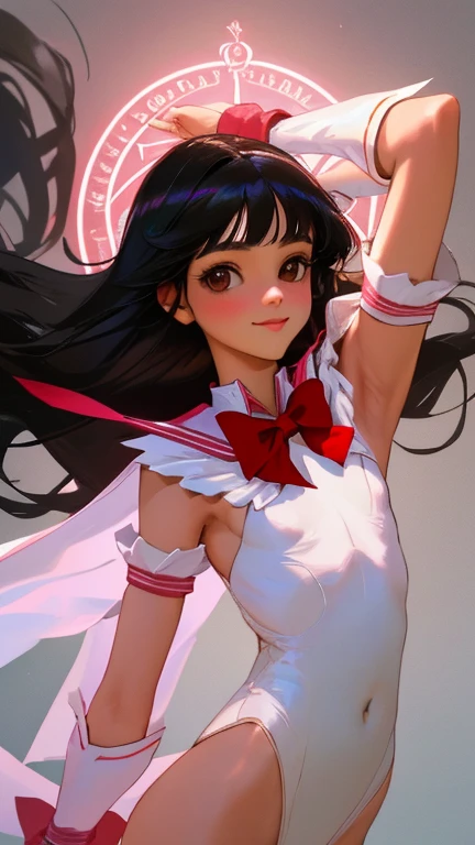 {{{{amazing quality, great quality, high quality, very aesthetic, aesthetic, best quality}}}},
realistic, photo, shadow, Three-dimensional, absurdres, Digital art,
{{{{Magical girl}}}}, beautiful girl, one girl,
black hair, long straight hair, hair, trimmed hair, shiny hair, blunt bangs, short sideburns,
brown eyes, tareme,
{{flat chest}}, {{small breasts}}, {{detailed body}}, slim thighs, thin thighs,
{{white leotard}, {leotard peek}}, {{pink sailor collar}}, {{pink elbow_gloves}}, {{red boots}},
ribbon trim, red bow tie, heart brooch, thigh strap, white headband, white circlet,
both shoulders expose, covered navel,
{{magic circle}},
A big smile, upper body, sky blue cloak,