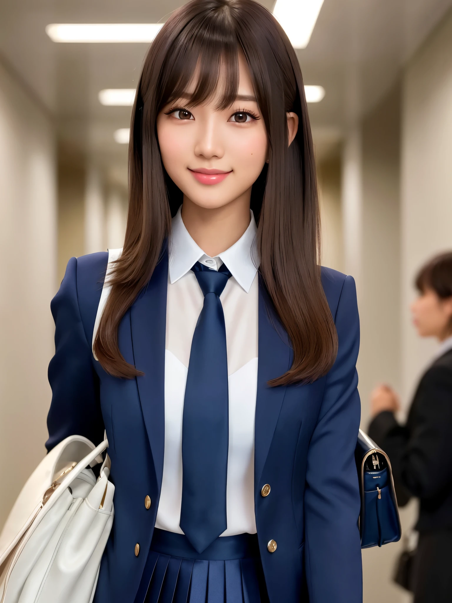 product quality, 1girl, upper body shot, front view, a Japanese young pretty girl, long bob hair, walking with a big smile on a crowded corridor in a high school, glamorous figure, wearing a dark blue blazer over a white collared silky satin shirt, shiny satin dark blue plain long tie, dark blue pleated long skirt, school bag over her shoulder, hyper cute face, glossy lips, double eyelids in both eyes, natural makeup, long eyelashes, shiny smooth light brown long bob hair, asymmetrical bangs, a tanned skin, central image, high resolution, high detail, detailed hairstyle, detailed face, spectacular cinematic lighting, octane rendering, vibrant, hyper realistic, perfect limbs, perfect anatomy