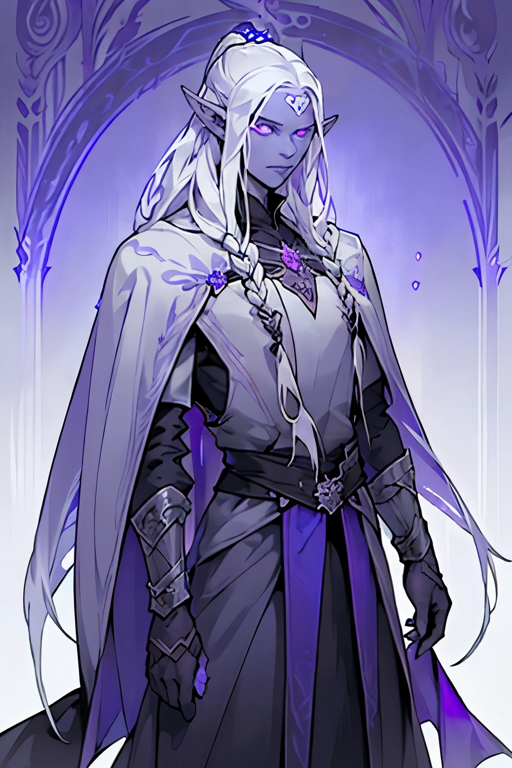 Drow, ((white long hair:1.3))), (longhairstyle:1.4), ((violet eyes:1.4)), (((drow skin:1.3)), ((1 mature man)), ((male focus)) male, mature, pointy ears, elf ears, violet eyes, pale skin, slender, handsome, full body, solo, glowing eyes, long hair, white hair, cloak