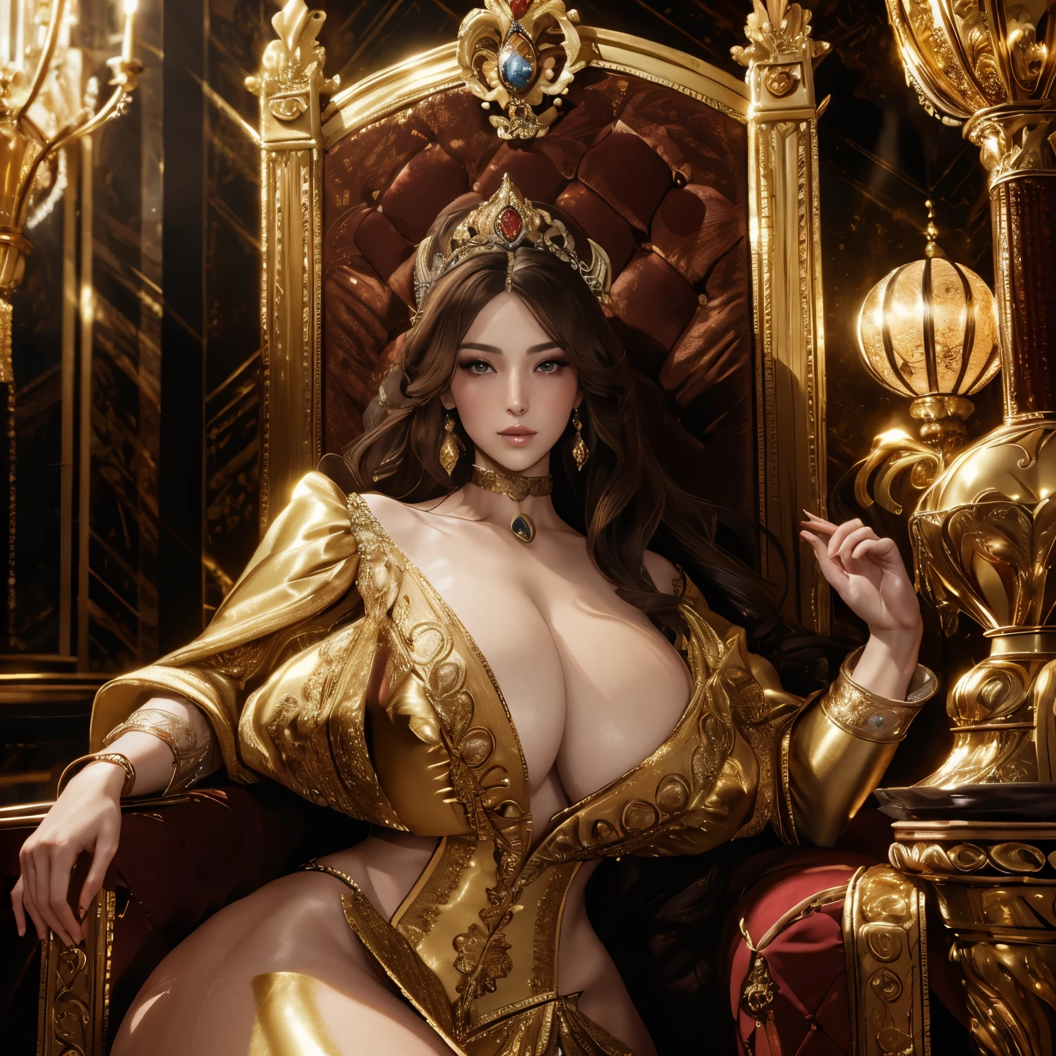 (best quality,4k,8k,highres,masterpiece:1.2),ultra-detailed,(realistic,photorealistic,photo-realistic:1.37),erotic,portrait,beautiful,detailed expression,glamorous,expressive eyes,rouge lips,radiant complexion,impeccable makeup,delicate features,charming gaze,graceful pose,extravagant gown,royal,opulent crown,luxurious fabrics,golden jewelry,regal backdrop,elegant lighting,vibrant colors,soft focus,ethereal atmosphere