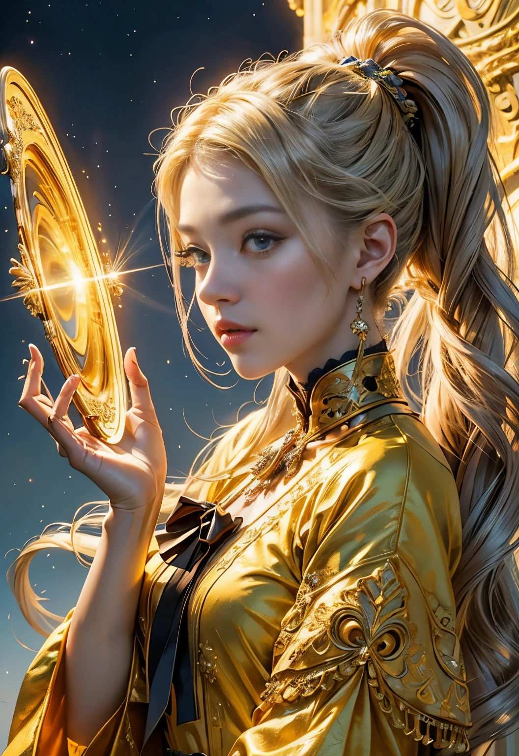 (highest qualityの, highest quality, beautiful and aesthetic:1.2), (1 female), very detailed,(fractal art:1.3),colorful,best details, Composition of the golden ratio,Dynamic and natural line of sight,Mature heroine, detailed face, Beautiful face with decorative details (Sand Blonde Ponytail Hair) (gray eyes), More about yellow , Small outline of yellow with white touch,There is a yellow magic mirror inside the Palace of Heaven, Detailed characters, Detailed heavenly place of the goddess, Laplace, detailed background