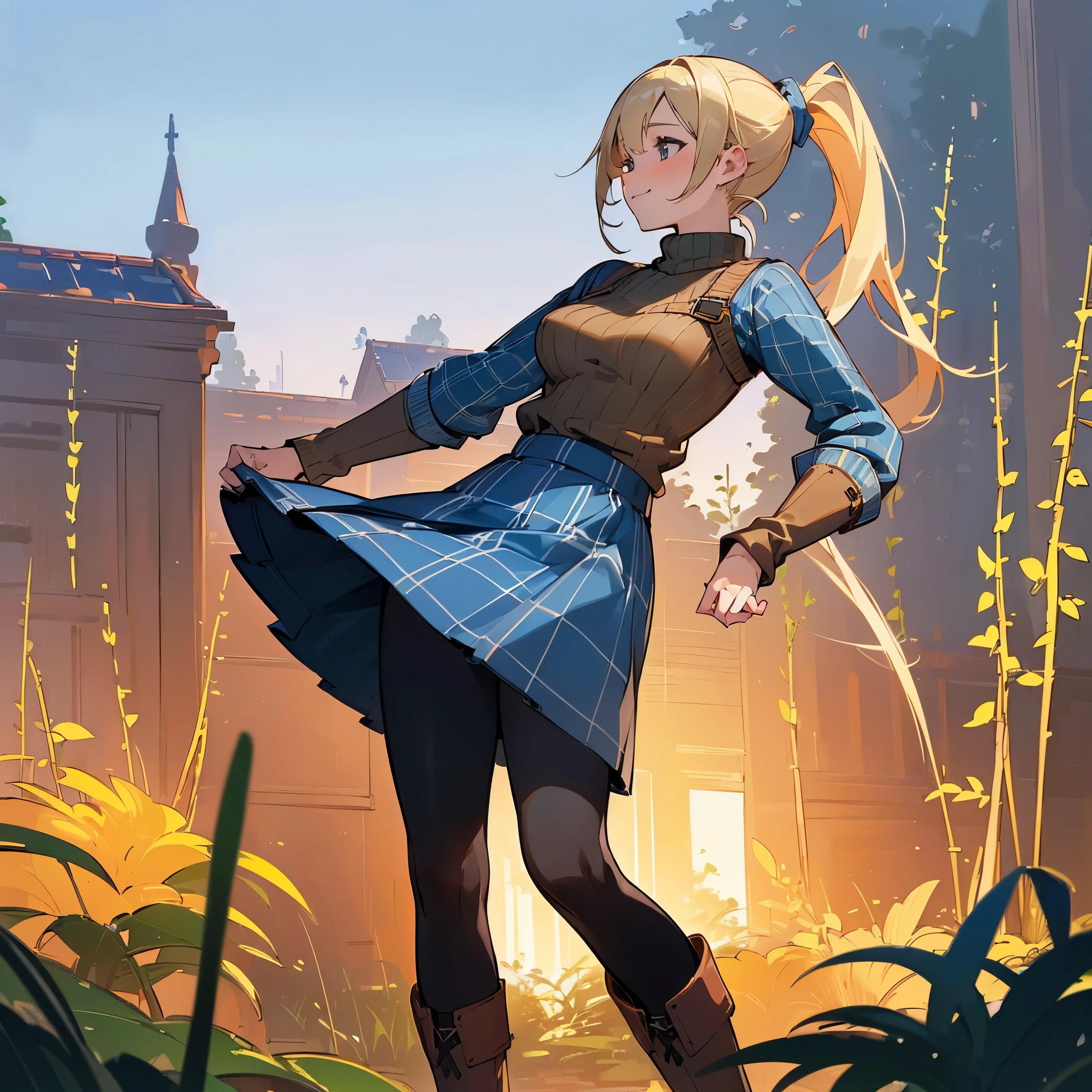 (high quality, high resolution, Super detailed, Reality:1.37), peaceful atmosphere, (outdoor, garden), Teenage girl standing alone, (My breasts are big.), Beautiful detailed features, cute smile, (Blonde ponytail), ribbed sweater, blue plaid skirt, Black tights, brown boots.