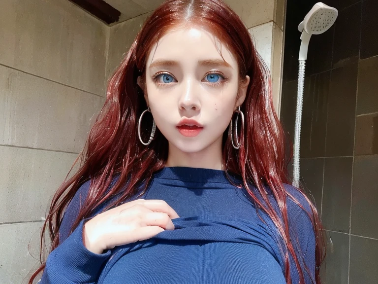 4 miniature Beautiful handsome woman, ((top quality, 8k, masterpiece:1.retty woman, 1woman, huge breasts:1.3, slender figure:1.1, elastic red long hair, (shower, wet body, wet clothes:1.1), very detailed face, detailed lips, detailed eyes, double eyelids, detailed blue eyes, extremely detailed outstanding blue eyes, red wet hair, red wet hair, detailed outstanding BLUE EYES, innocent stare at the viewer, extremely wet wavy red hair, detailed outstanding BLUE EYES, raining outside, huge earrings