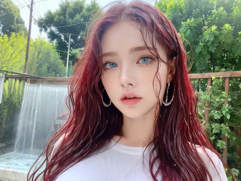 4 miniature Beautiful handsome woman, ((top quality, 8k, masterpiece:1.retty woman, 1woman, huge breasts:1.3, slender figure:1.1, elastic red long hair, (shower, wet body, wet clothes:1.1), very detailed face, detailed lips, detailed eyes, double eyelids, detailed blue eyes, extremely detailed outstanding blue eyes, red wet hair, red wet hair, detailed outstanding BLUE EYES, innocent stare at the viewer, extremely wet wavy red hair, detailed outstanding BLUE EYES, raining outside, huge earrings